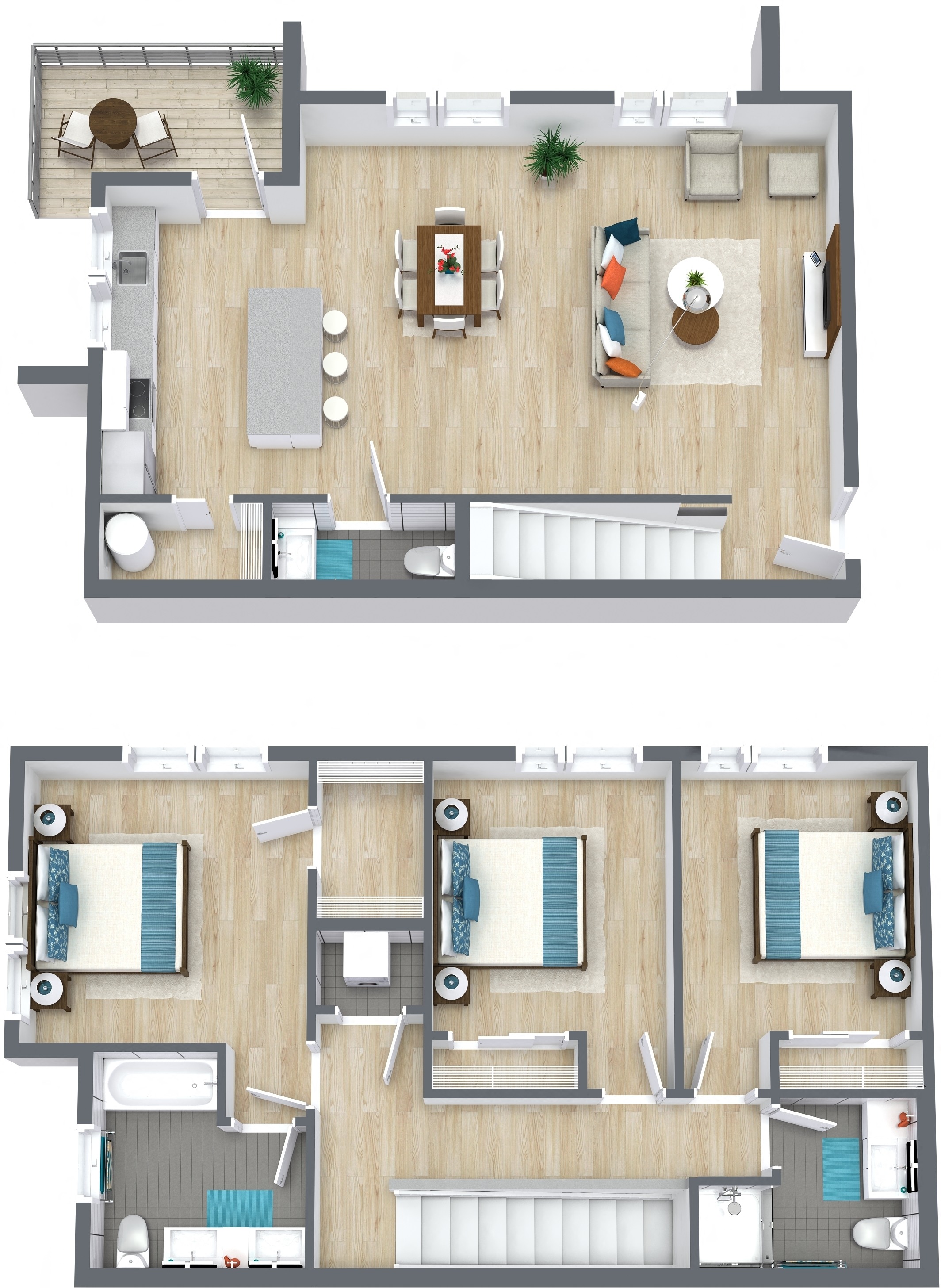 Floor plan for 3 beds, 2.5 baths, 1239 sqft
